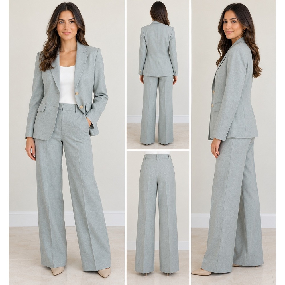 Lafayette 148 Pant Suit Silk Wool 6 Dewdrop Green Blazer Wide Leg Trousers Set